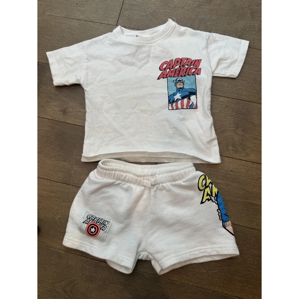 Captain America ZARA Outfit Set Boys 18-24 Months White Marvel Shorts 2 Piece